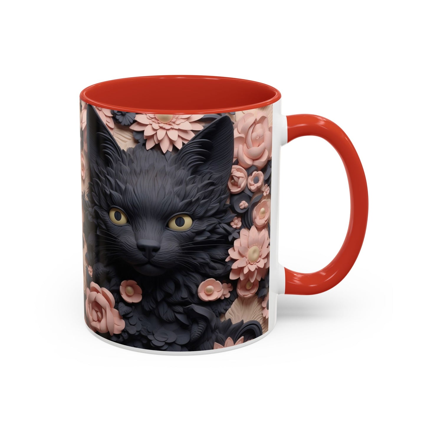 Black Cat & Pink Roses Accent Coffee Mug — 11/15oz Floral Cat Art