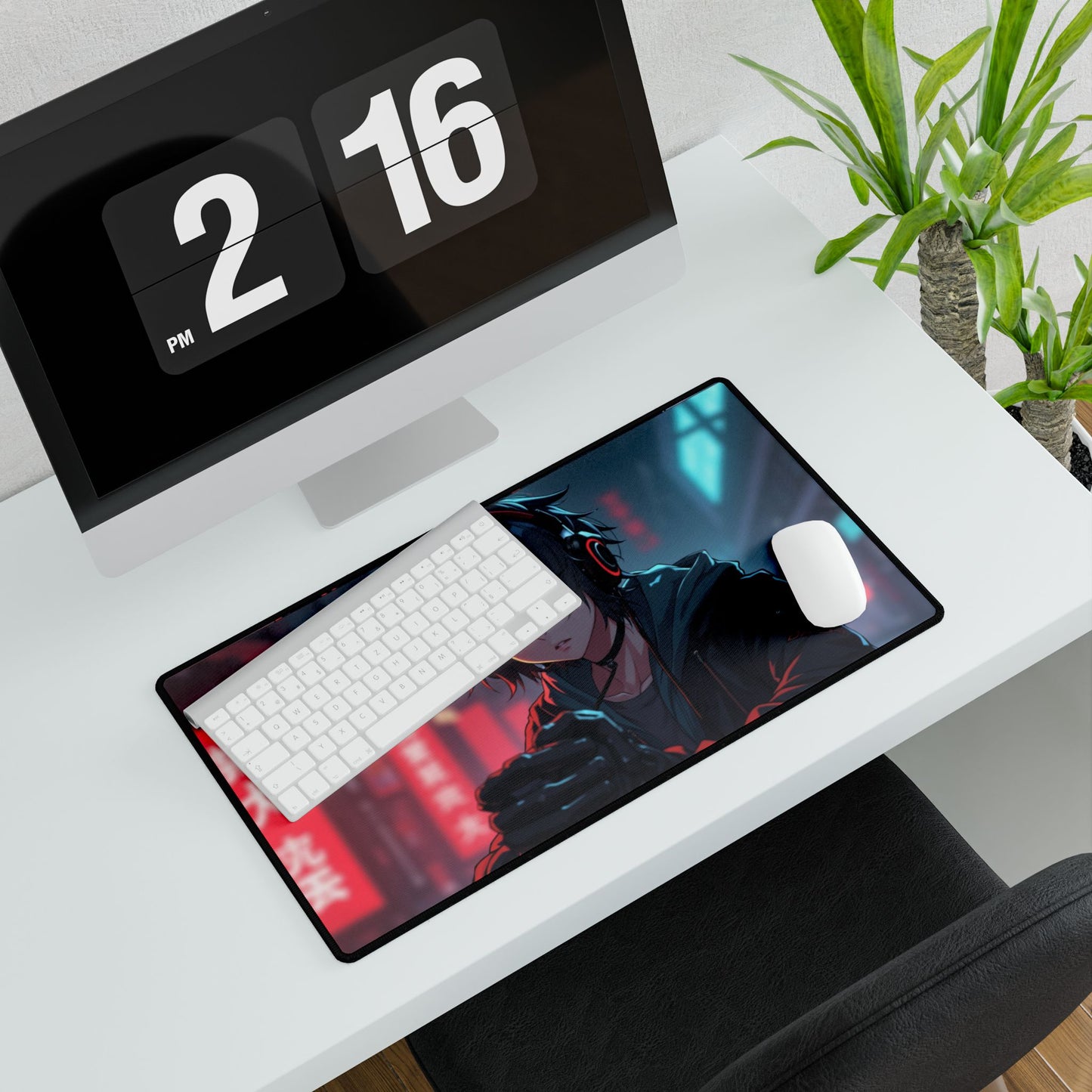 Cyberpunk Anime Gaming Desk Mat — Neon City Boy RGB Mousepad