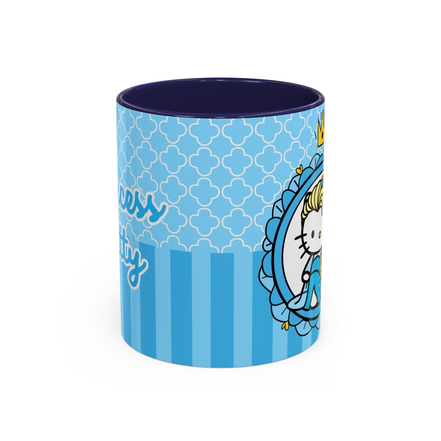 Princess Cat Illustration Accent Coffee Mug | Blue Striped Ceramic