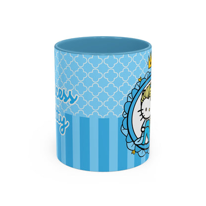 Princess Cat Illustration Accent Coffee Mug | Blue Striped Ceramic