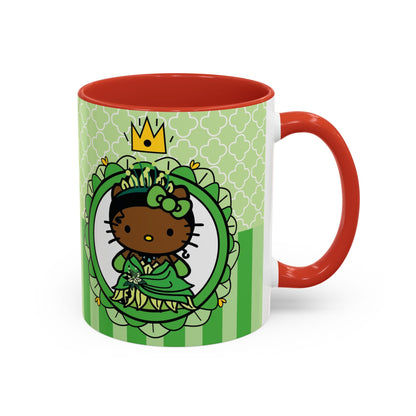 Princess Cat Illustration Accent Coffee Mug | Green Stripes